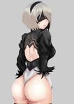  1girl android ass back back_opening black_hairband blindfold breasts from_behind gloves hairband leotard looking_at_viewer medium_breasts nier_(series) nier_automata shiny shiny_hair shiny_skin short_hair sideboob silver_hair solo thighhighs thong_leotard xefu yorha_no._2_type_b 
