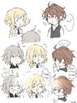  1boy 2girls :d ahoge bangs bare_shoulders black_capelet black_neckwear blank_eyes blonde_hair blush blush_stickers braid brown_hair capelet colorized comic commentary english eyebrows_visible_through_hair fate/apocrypha fate/grand_order fate_(series) from_side hand_on_own_chin highres hime_(sasukken) jeanne_d'arc_(fate) jeanne_d'arc_(fate)_(all) long_braid long_sleeves looking_at_another multiple_girls necktie open_mouth purple_eyes red_eyes shirt short_hair sieg_(fate/apocrypha) silver_hair single_braid sleeveless sleeveless_shirt smile speech_bubble sweat thinking thumbs_up waistcoat white_shirt yellow_eyes 