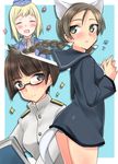  :d ^_^ animal_ears aohashi_ame bangs black-framed_eyewear blouse blue_blouse blue_hat blue_jacket blue_panties blunt_bangs bob_cut braid brave_witches brown_eyes brown_hair closed_eyes closed_mouth commentary_request elma_leivonen epaulettes eyebrows_visible_through_hair freckles from_behind garrison_cap glasses hands_together hat jacket long_hair long_sleeves looking_at_viewer looking_back military_hat misumi_miya multiple_girls no_pants open_mouth panties sailor sailor_collar sakomizu_haruka semi-rimless_eyewear short_hair smile sparkle tail twin_braids under-rim_eyewear underwear white_jacket world_witches_series 