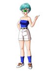  1girl bare_arms bare_shoulders belt blue_eyes blue_socks breasts bulma cleavage collarbone dragon_ball dragonball_z feet full_body green_hair hand_on_hip happy highres hips index_finger_raised legs looking_at_viewer open_mouth scouter short_hair shorts simple_background sleeveless smile sneakers socks solo standing strapless thighs transparent_background white_shorts 