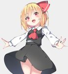  :d amashi_(qcmrq906) ascot bad_id bad_pixiv_id black_skirt blonde_hair blue_background blush commentary_request fang hair_ribbon looking_at_viewer open_mouth outstretched_arms red_eyes red_neckwear red_ribbon ribbon rumia short_hair simple_background skirt smile solo touhou 