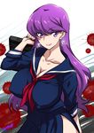  arm_behind_back artist_name blood blood_splatter blush breasts cleavage closed_mouth covered_nipples cure_macaron earrings eyebrows_visible_through_hair hair_between_eyes holding jewelry joy_ride kirakira_precure_a_la_mode kotozume_yukari large_breasts lipstick long_hair long_sleeves looking_at_viewer makeup navy_blue_serafuku navy_blue_shirt navy_blue_skirt neckerchief pink_lipstick pleated_skirt precure purple_eyes purple_hair school_briefcase school_uniform serafuku side_slit skirt smile solo sparkle v-shaped_eyebrows very_long_hair 