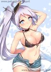  ahoge arm_behind_back armpits artist_name azur_lane bare_arms bare_shoulders bikini bikini_under_clothes black_bikini black_ribbon blue_eyes blush breasts choker cleavage closed_mouth collarbone cowboy_shot denim denim_shorts eyebrows_visible_through_hair front-tie_bikini front-tie_top go-it headgear heart heart-shaped_pupils large_breasts long_hair looking_at_viewer navel open_fly portland_(azur_lane) ribbon shiny shiny_skin short_shorts shorts side_ponytail signature silver_hair smile solo standing star starry_background stomach swimsuit symbol-shaped_pupils tareme unzipped very_long_hair watermark web_address 