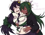  between_breasts blush bound bound_arms breasts brown_eyes dark_skin filia_(skullgirls) fukua_(skullgirls) ganno grabbing grabbing_from_behind green_hair green_lipstick hair_bondage hair_pull laughing lipstick long_hair makeup medium_breasts multiple_girls navel necktie necktie_between_breasts samson_(skullgirls) school_uniform shamone_(skullgirls) skullgirls tears tickling 