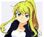  bangs blonde_hair blue_background blue_eyes blush eyebrows_visible_through_hair fullmetal_alchemist happy jacket long_hair looking_at_viewer ponytail shirt simple_background smile solo tsukuda0310 white_background white_shirt winry_rockbell 