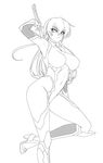  1girl bare_shoulders bodysuit breasts curvy female full_body gauntlets highres igawa_asagi kagami_hirotaka large_breasts lilith-soft long_hair monochrome nipples no_bra serious simple_background solo sword taimanin_(series) taimanin_asagi taimanin_asagi_zero weapon white_background 