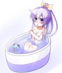  :o bathtub blush breasts cleavage collarbone covering covering_breasts dogoo doria_(5073726) hair_ribbon long_hair looking_at_viewer medium_breasts naked_towel nepgear neptune_(series) ponytail purple_eyes purple_hair ribbon sidelocks simple_background sitting solo towel water white_background 