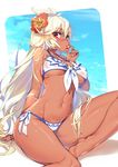  ahoge arm_at_side arm_support bare_legs barefoot bikini breasts commentary_request dark_skin eyebrows_visible_through_hair flower food front-tie_bikini front-tie_top fruit granblue_fantasy hair_between_eyes hair_flower hair_ornament hand_up hibiscus hong_(white_spider) large_breasts lips long_hair looking_at_viewer mouth_hold nail_polish navel outside_border red_eyes side-tie_bikini sitting solo strawberry swimsuit underboob very_long_hair wet wet_clothes wet_swimsuit white_bikini white_hair yokozuwari zooey_(granblue_fantasy) 