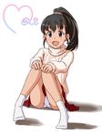  :d bangs black_eyes black_hair character_name character_signature commentary_request eyebrows_visible_through_hair fukuyama_mai full_body hair_ornament hair_scrunchie hands_on_own_knees heart high_ponytail idolmaster idolmaster_cinderella_girls knees_together_feet_apart knees_up legs_together lielos long_hair looking_at_viewer no_shoes open_mouth panties pantyshot pantyshot_(sitting) plaid plaid_skirt raised_eyebrows red_skirt ribbed_sweater scrunchie shadow side_ponytail sidelocks sitting skirt sleeves_past_wrists smile solo sweater turtleneck turtleneck_sweater underwear white_background white_panties white_sweater 