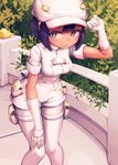  aether_foundation_employee aether_foundation_uniform allen_(makaroll) black_hair blush breasts bush cabbie_hat closed_mouth colored_eyelashes dark_skin elbow_gloves fence gloves half-closed_eyes hand_on_headwear hat hat_tip holster knees_together_feet_apart leaf leaning_forward looking_at_viewer md5_mismatch medium_breasts outdoors pantyhose pocket pokemon pokemon_(game) pokemon_sm pouch short_hair short_sleeves smile solo standing thigh_holster thigh_strap uniform white_gloves white_legwear yellow_eyes 
