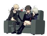  2girls ahoge artoria_pendragon_(all) black_hair blonde_hair boots breasts business_suit cleavage couch cross cross_necklace fate/grand_order fate_(series) food formal french_fries fujimaru_ritsuka_(male) fur_trim high_heel_boots high_heels imigimuru jacket jeanne_d'arc_(alter)_(fate) jeanne_d'arc_(fate)_(all) jewelry medium_breasts multiple_girls necklace necktie ponytail saber_alter silver_hair simple_background sitting sitting_on_object small_breasts suit white_background wicked_dragon_witch_ver._shinjuku_1999 yellow_eyes 
