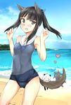  animal_ears aohashi_ame beach black_hair blue_ribbon blue_swimsuit blurry blurry_background closed_mouth cloud cloudy_sky commentary cowboy_shot day dog_ears dog_tail eyebrows_visible_through_hair female_pervert hair_ribbon hattori_shizuka heart highres long_hair looking_at_viewer minigirl miyafuji_yoshika multiple_girls one-piece_swimsuit open_mouth outdoors parted_lips pervert ponytail ribbon sanya_v_litvyak see-through short_hair sidelocks silhouette_demon sky smile strike_witches swimsuit tail world_witches_series 