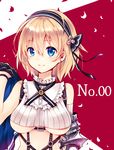  armor bangs black_gloves blonde_hair blue_eyes breasts closed_mouth commentary_request crop_top eyebrows_visible_through_hair fantasy frills gloves hair_between_eyes hairband half_gloves highres itsumi_mita medium_breasts original petals short_hair smile solo underboob upper_body 