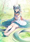  absurdly_long_hair aqua_eyes aqua_hair bangs bug butterfly day dress eyebrows_visible_through_hair full_body grass hatsune_miku insect long_hair looking_at_viewer open_mouth outdoors pantyhose sitting solo twintails v very_long_hair vocaloid white_legwear xiaosan_ye 