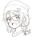  :d beanie blush dated eyebrows_visible_through_hair glasses greyscale hair_between_eyes hat looking_at_viewer love_live! love_live!_sunshine!! monochrome open_mouth portrait short_hair short_twintails signature simple_background smile solo takeya_yuuki twintails watanabe_you white_background 