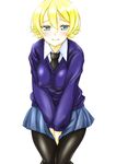  bangs between_legs black_legwear black_neckwear blonde_hair blue_eyes blue_skirt blue_sweater blush braid closed_mouth collared_shirt commentary_request cowboy_shot darjeeling dress_shirt frown girls_und_panzer hand_between_legs have_to_pee invisible_chair knees_together long_sleeves looking_at_viewer miniskirt necktie pantyhose pleated_skirt school_uniform shiromitsu_suzaku shirt short_hair sitting skirt solo st._gloriana's_school_uniform sweat sweater thighs tied_hair twin_braids v-neck v_arms white_background white_shirt 