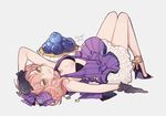  arm_up black_bikini_top black_gloves blueberry bow breasts choker cleavage dress eyelashes food fruit gloves grey_background hair_bow halter_dress hand_to_forehead high_heels idolmaster idolmaster_cinderella_girls jougasaki_mika knees_up legs looking_at_viewer lying on_back parted_lips pink_hair purple_bow purple_dress ruffled_skirt shoe_bow shoes shorts_under_dress signature small_breasts solo sonnet_form star star_choker strappy_heels tart_(food) yellow_eyes 