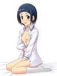  :o bangs between_legs blue_hair blunt_bangs blush bottomless breast_hold breasts brown_eyes clothes_grab collarbone collared_shirt commentary commentary_request from_side full_body hand_between_legs idolmaster idolmaster_cinderella_girls kneehighs lielos looking_at_viewer medium_breasts naked_shirt nipples no_shoes okazaki_yasuha open_clothes open_shirt pixie_cut raised_eyebrows seiza shirt short_hair sidelocks sitting solo wavy_mouth white_background white_legwear white_shirt 
