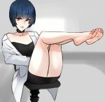  1girl barefoot blue_hair chair choker feet labcoat legs_up looking_at_viewer office_chair parted_lips persona persona_5 red_eyes scathegrapes short_hair sitting soles takemi_tae toes 