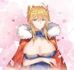  ahoge areola_slip areolae artoria_pendragon_(all) artoria_pendragon_(lancer) blush braid breasts cape cleavage cleavage_cutout commentary_request crown fate/grand_order fate_(series) french_braid fur_trim gekka_nanako hair_between_eyes heart highres large_breasts looking_at_viewer parted_lips red_cape sidelocks solo sweat upper_body 
