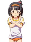  bangs black_hair blunt_bangs bow buruma child collarbone commentary cowboy_shot crossed_arms frown gym_uniform hair_bow hair_ornament hairband high_ponytail idolmaster idolmaster_million_live! lielos light_blush looking_at_viewer medium_hair nakatani_iku orange_buruma orange_eyes shirt side_ponytail simple_background solo sweatdrop t-shirt v-shaped_eyebrows wavy_mouth white_background x_arms 