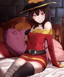  bandaged_leg bandages bare_shoulders bed belt black_belt black_gloves black_hair black_legwear dress fingerless_gloves gloves hat highres kono_subarashii_sekai_ni_shukufuku_wo! megumin mengo mismatched_legwear on_bed red_dress red_eyes short_hair_with_long_locks single_thighhigh sitting thighhighs witch_hat 