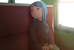  1girl blue_eyes blue_hair expressionless female hasukawa_isaburou kantai_collection long_hair samidare_(kantai_collection) sitting solo window 