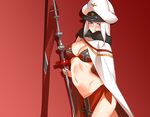  azur_lane bikini blonde_hair blue_eyes blush breasts cape cleavage fur_trim hat holding holding_weapon large_breasts looking_at_viewer navel open_mouth silhouette smile solo swimsuit tirpitz_(azur_lane) weapon yostxxx 