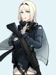  1girl absurdres an-94 an-94_(girls_frontline) assault_rifle bangs blue_background blue_eyes cape girls_frontline gloves grey_legwear gun hairband highres holding holding_gun holding_weapon long_hair long_sleeves looking_at_viewer rifle silver_hair simple_background solo standing thighhighs toby000777 trigger_discipline weapon 