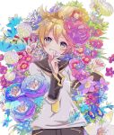  1boy bangs blonde_hair blush chrysanthemum colorful commentary detached_sleeves finger_to_mouth flower flower_request green_eyes hekicha highres holding holding_flower kagamine_len lily_(flower) looking_at_viewer lying male_focus on_back peony_(flower) petals poppy_(flower) sailor_collar shirt short_hair short_sleeves smile solo upper_body vocaloid white_shirt 