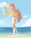  ass bikini day flustered full_body green_eyes highres innertube jinrui_wa_suitai_shimashita long_hair looking_back ocean outdoors pink_hair sky solo swimsuit techsupportdog watashi_(jintai) yellow_innertube 