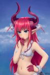  2019 animal_humanoid bikini blue_eyes blush breasts clothing digital_media_(artwork) dragon_humanoid elizabeth_bathory_(fate) fate_(series) female hair hi_res horn horned_humanoid humanoid klifflod lancer_(fate/extra_ccc) long_hair looking_at_viewer navel pointy_ears red_hair signature smile solo standing swimsuit teeth thinking video_games 
