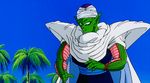  2boys 90s animated animated_gif antennae belt black_sclera blue_sky dragon_ball dragonball_z frown glass green_skin hourglass magic majin_buu multiple_boys outdoors palm_tree piccolo pink_skin pointy_ears reflection sand shoulder_pads staring turban white_eyes 
