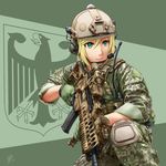  assault_rifle blonde_hair bundeswehr dated g36 germany gloves green_background green_eyes gun headset helmet highres jpc knee_pads load_bearing_vest military military_uniform one_knee original radio rifle serious short_hair signature sleeves_rolled_up soldier solo trigger_discipline uniform weapon 