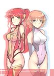  arms_behind_back bangs blue_eyes breasts cat_with_a_brush commentary_request covered_navel elbow_gloves gloves green_eyes hair_ornament looking_at_viewer multiple_girls navel nora_valkyrie one-piece_swimsuit open_mouth perky_breasts ponytail pyrrha_nikos red_hair rwby short_hair silhouette simple_background smile stomach swimsuit thigh_gap thighhighs white_background 