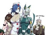  1boy 4girls arm_around_shoulder blue_hair brain brain_drain_(skullgirls) breasts brown_hair choker cleavage dark_skin directional_arrow eyepatch fukua_(skullgirls) ganno hair_bun humanoid_robot large_breasts long_coat mask metal_skin multiple_girls nurse odd_one_out one-eyed painwheel_(skullgirls) red_eyes robo-fortune sad skullgirls spikes surgical_mask valentine_(skullgirls) 