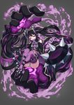  absurdly_long_hair bags_under_eyes bare_shoulders belt black_hair covered_mouth doku-chan_(dokkudokudoku) extra_arms fantasy giant_hand grey_background half-closed_eyes highres jitome long_hair looking_at_viewer midriff multicolored_hair original purple purple_hair simple_background sleeves_past_wrists smoke solo spikes thighhighs twintails two-tone_hair very_long_hair wide_sleeves zipper 