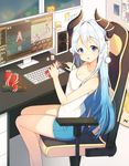  :o bangs bare_arms bare_legs bare_shoulders blue_eyes blue_hair blue_shorts bottle camisole can chair cola curled_horns desk eyebrows_visible_through_hair gradient_hair hair_between_eyes holding holding_can indoors keyboard_(computer) long_hair looking_at_viewer looking_to_the_side monitor mouse_(computer) multicolored_hair office_chair original parted_lips short_shorts shorts silver_hair sitting sleeveless solo speaker tp_(kido_94) very_long_hair white_camisole window 