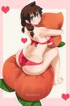  absurdres amano_megumi amano_megumi_wa_suki_darake! artist_name ass back bandeau barefoot blush bow bow_panties bra breast_press breasts bright_pupils brown_hair butt_crack carrot_pillow colorized dimples_of_venus from_behind full_body gaston18 green_eyes heart highres large_breasts lingerie long_hair looking_at_viewer looking_back low_twintails nekoguchi object_hug outline panties red_bra red_panties sideboob smile solo strapless strapless_bra twintails underwear 