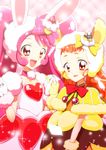 :d a_la_mode_style_(precure) animal_ears arisugawa_himari bangs bow bowtie bunny_ears cake_hair_ornament capelet choker collarbone cure_custard cure_whip dress eyebrows_visible_through_hair fake_animal_ears food food_themed_hair_ornament fruit fur-trimmed_capelet fur-trimmed_gloves fur_trim gloves hair_bow hair_ornament hand_up hat heart holding_hands interlocked_fingers kirakira_precure_a_la_mode light_particles long_hair looking_at_viewer magical_girl md5_mismatch multiple_girls open_mouth orange_hair pink_background pink_bow pink_choker pink_dress pink_hair plaid plaid_background pom_pom_(clothes) precure pudding red_bow red_eyes red_neckwear shiny shiny_hair short_eyebrows short_sleeves smile sparkle squirrel_ears strawberry strawberry_shortcake twintails upper_body usami_ichika white_gloves white_hat yellow_bow yellow_capelet yellow_dress yellow_gloves yellow_hat yuto_(dialique) 