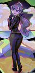  ass back black_gloves breasts earphones eric_muentes gloves lila_(pokemon) long_hair looking_at_viewer pants pantylines pokemon pokemon_(game) pokemon_sm ponytail purple_eyes purple_hair small_breasts smile solo 