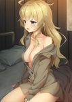  ahoge arm_at_side bangs bare_shoulders bed between_legs blanket blonde_hair blue_eyes blush breasts brown_shirt buttons cleavage collarbone collared_shirt commentary_request drooling eyebrows_visible_through_hair half-closed_eyes hand_between_legs highres indoors long_hair long_sleeves md5_mismatch medium_breasts naked_shirt no_bra off_shoulder on_bed open_mouth pillow saliva shiny shiny_hair shirt shoujo_shuumatsu_ryokou sitting sleepy sleeves_past_wrists solo tareme thighs tomifumi waking_up wavy_hair wing_collar yuuri_(shoujo_shuumatsu_ryokou) 