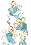  1girl alternate_outfit baseball baseball_bat blue_eyes bouncing_breasts breasts crown earrings hair_over_one_eye jewelry large_breasts lips long_hair mario_(series) nm_qi rosetta_(mario) simple_background super_mario_bros. super_mario_galaxy tennis_racket thick_thighs translation_request 