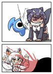  2koma barefoot biting blood blood_splatter borrowed_character cerulean_(kemono_friends) comic commentary_request fingerless_gloves giant_otter_(kemono_friends)_(kuro_(kurojill)) gloves hands_up kemono_friends multiple_girls original scared seki_(red_shine) sharp_teeth short_hair southern_tamandua_(kemono_friends) tears teeth toeless_legwear trembling 