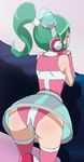  ass blush_stickers calen_(time_bokan) closed_eyes from_behind goggles goggles_on_head green_hair haruyama_kazunori pink_legwear ponytail short_hair smile solo thighhighs time_bokan_(series) transparent_skirt 
