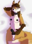  2019 animal_genitalia anthro balls big_breasts big_penis breasts canid canine canis collar cum dickgirl digital_media_(artwork) eyewear fluffy fluffy_tail fox girly glasses hair intersex knot long_hair looking_at_viewer mammal mofupaws nipples nude penis precum simple_background smile solo tesla_castle yellow_eyes 
