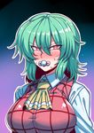  ascot blush breasts commentary_request embarrassed green_hair hair_between_eyes kazami_yuuka large_breasts long_sleeves looking_at_viewer pacifier plaid plaid_vest red_eyes shirt solo sweat touhou tsuki_wani tsurime vest wavy_hair white_shirt 