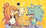  2012 angry anthro big_head black_nose blush cheese clothing competition cute digital_drawing_(artwork) digital_media_(artwork) duo eating echidna eyes_closed food gloves hedgehog hi_res knuckles_the_echidna male mammal monotreme nyowa pepperoni pizza smile sonic_(series) sonic_the_hedgehog toony 