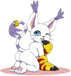  ambiguous_gender big_butt big_ears blue_eyes blush butt claws clothing digimon fangs feline female fur gatomon gloves iriedono long_tail mammal one_eye_closed open_mouth pawpads paws simple_background solo tail_ring whiskers white_background white_fur wink 