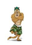  2017 5_fingers abs anthro barefoot biceps claws clothed clothing crossed_arms digital_media_(artwork) facial_hair feline fur furrybob goatee hat male mammal muscular muscular_male pecs simple_background toe_claws toes topless triceps 